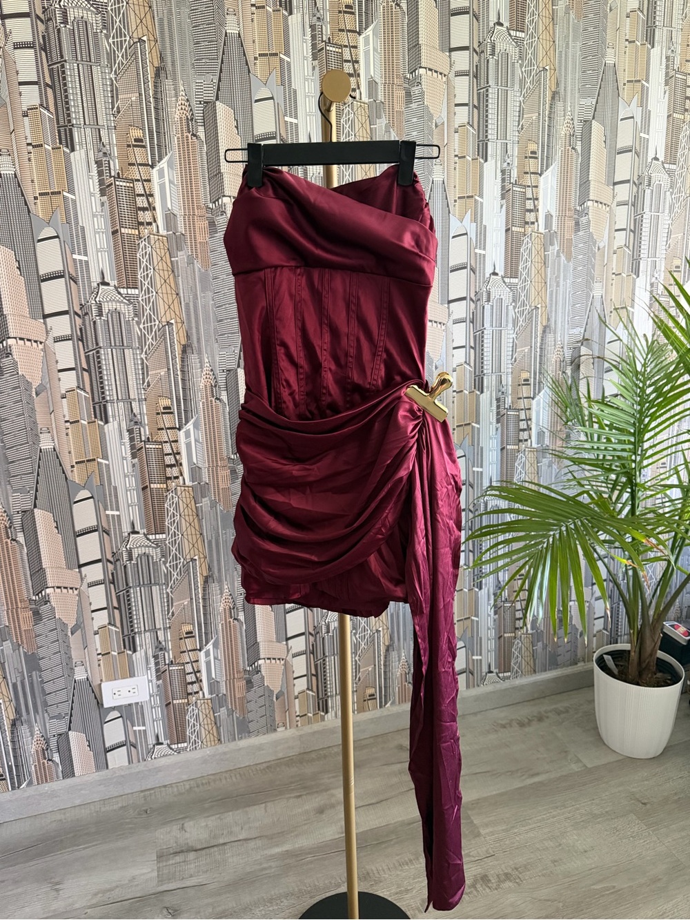 Strapless Burgundy Satin Ruched Cocktail Dress with Side Drape